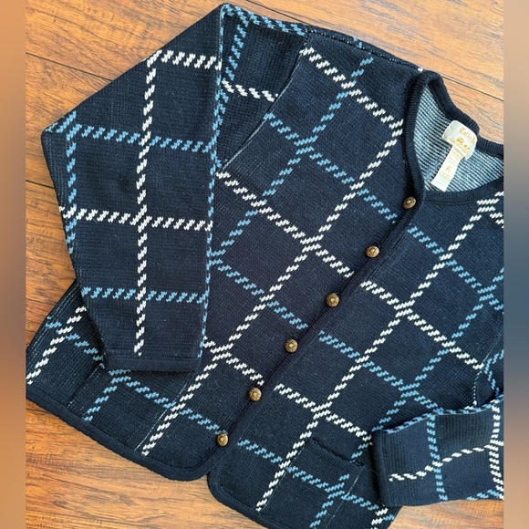 Vintage Tally Ho Blue White Checkered Knit Cardigan | Size Petite Large - Picture 4 of 8